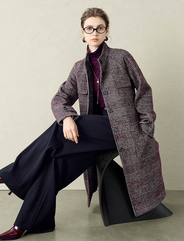 Classic Plaid Wool-Blend Stand Collar Coat