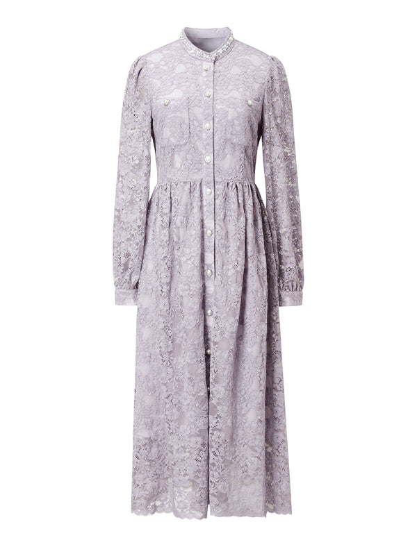 Lace Embellished neckline Pocket Detail Midi Dress