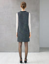 Wool Blend Shimmer V-Neck Fringe-Trim Button-Front Sleeveless Midi Dress