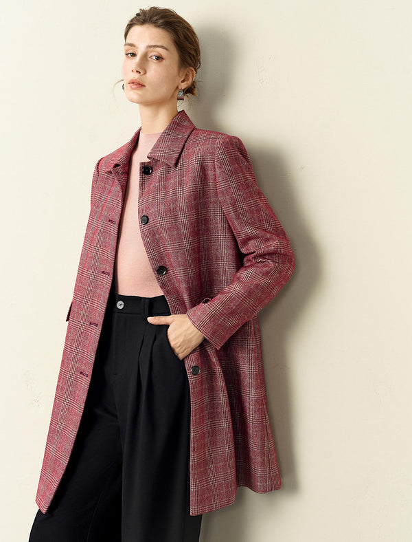 Red Plaid Straight Cut Midi Coat