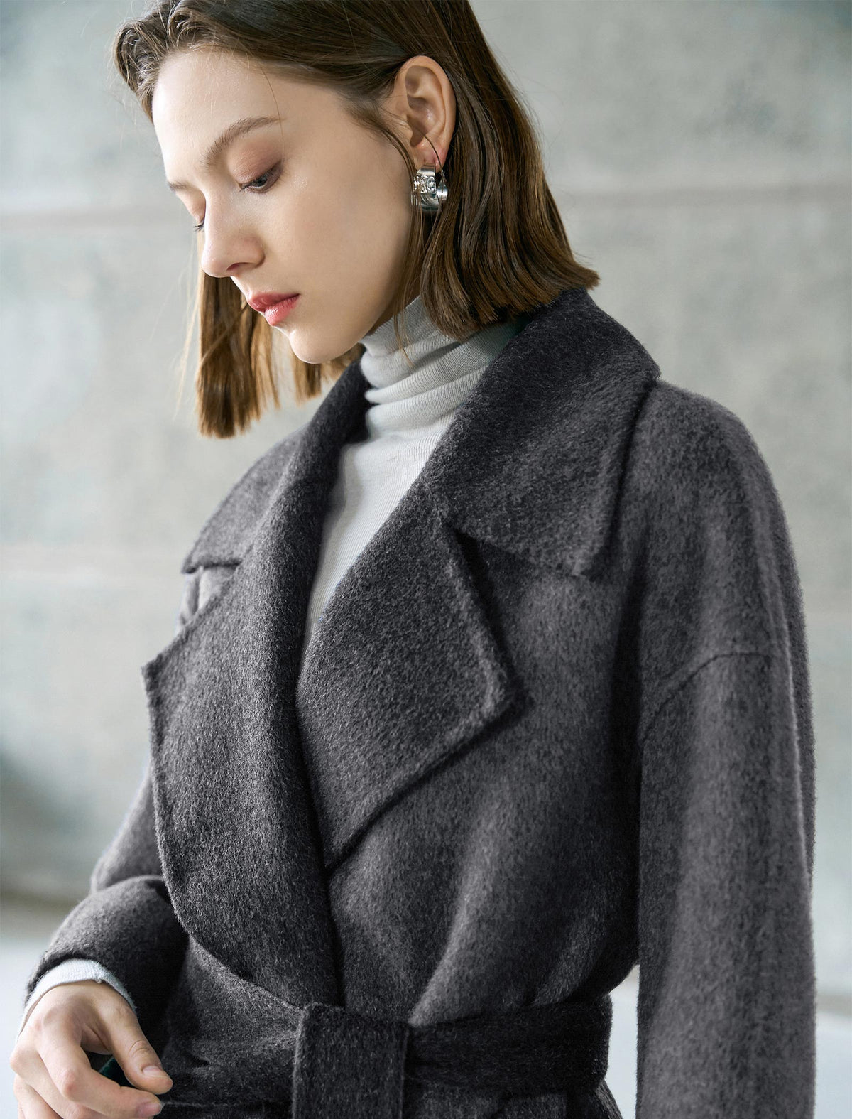 Contrast Lapel Wool-Blend Self-Tie Overcoat
