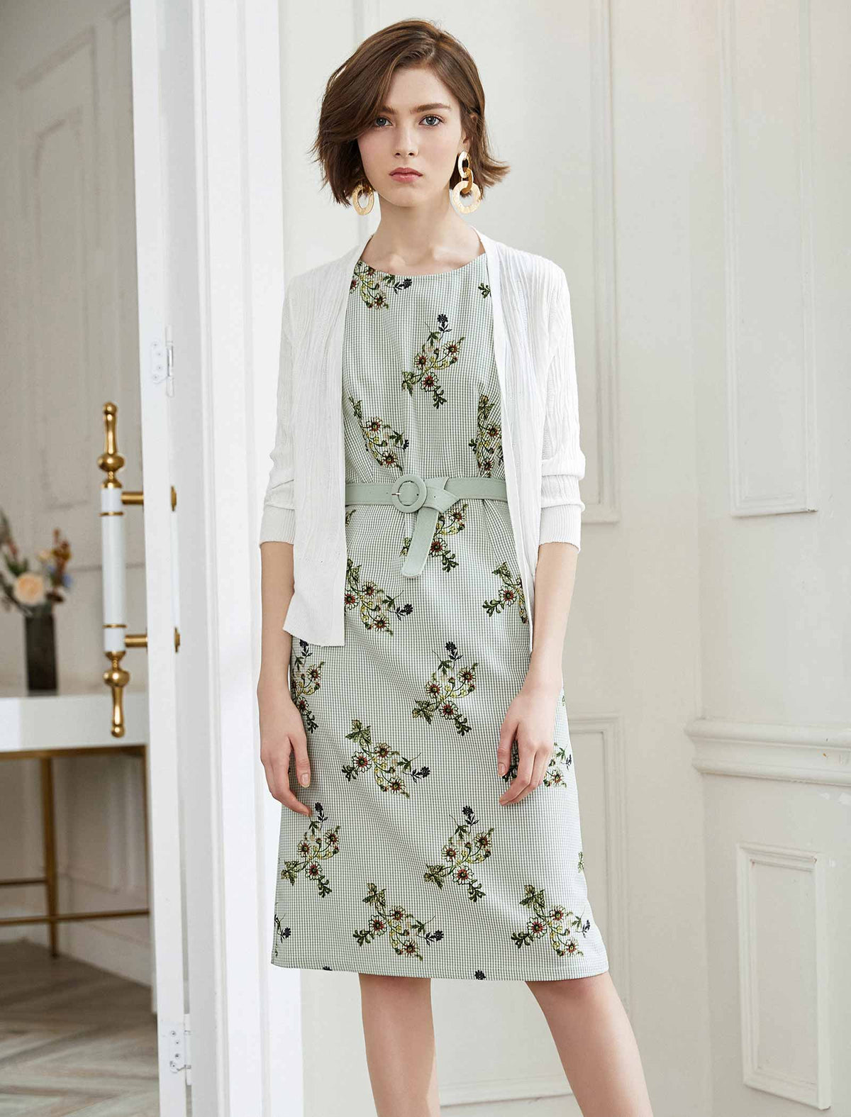 Light Green Gingham Floral Self-Belt Sleeveless Dress