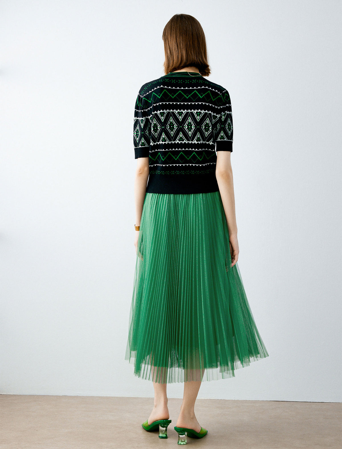 Retro Geo Jacquard Knit Short‑Sleeve Cardigan