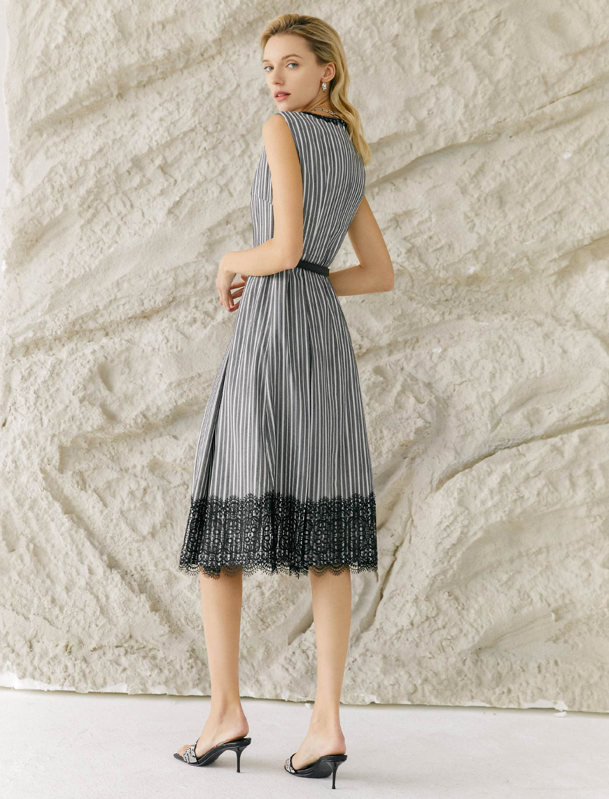 Striped Sleeveless Belted Dress