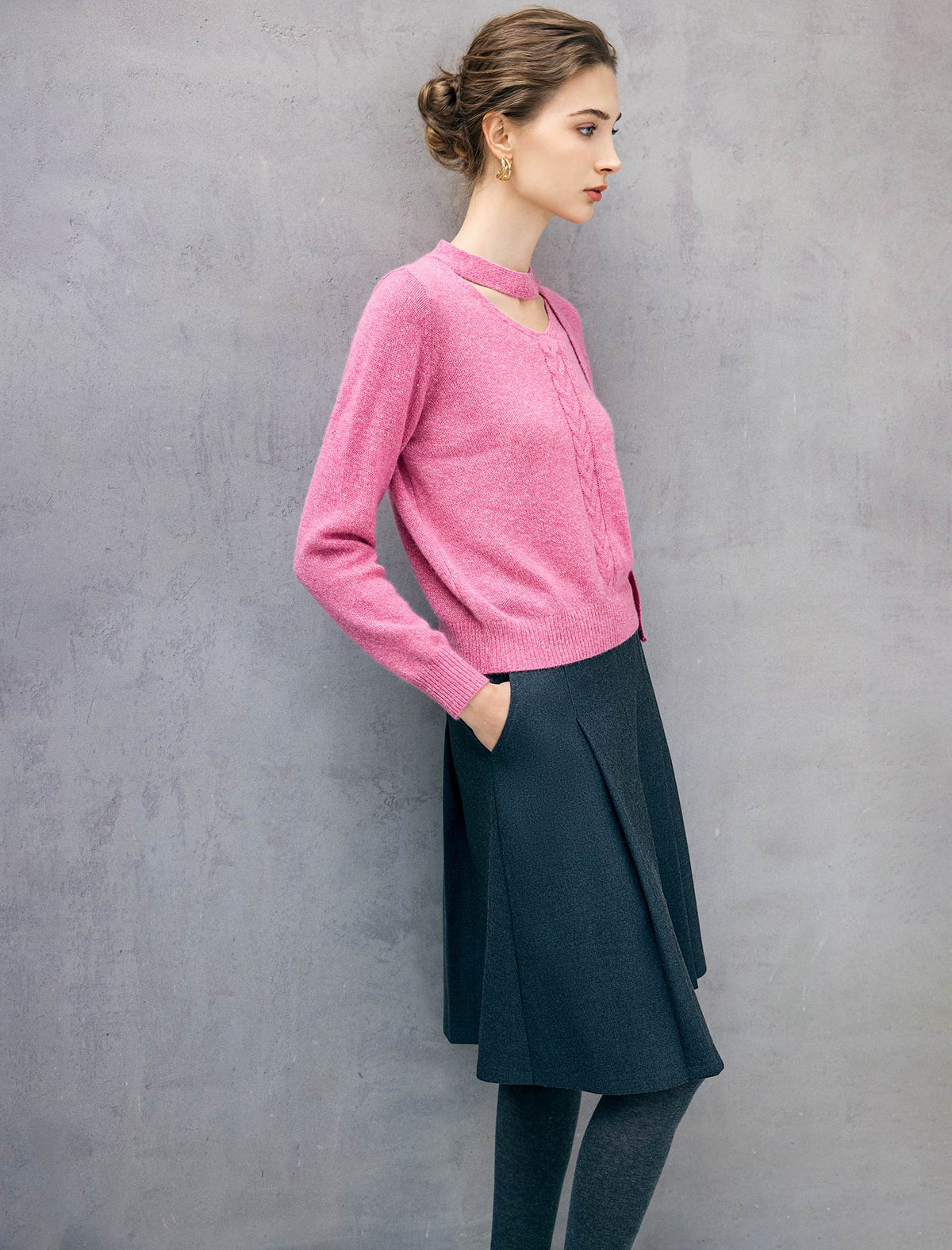 Wool Blend Shimmer Tie-Neck Cable-Knit Sweater