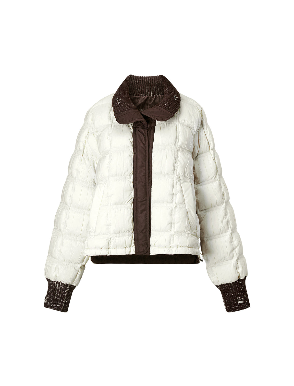Textured-Trim Contrast-Collar Button-Front Puffer Jacket