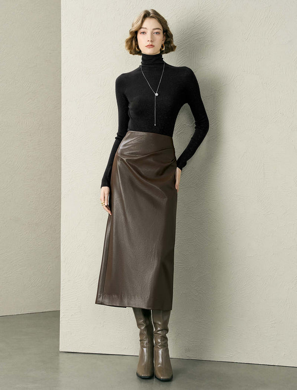 Brown Faux Leather Midi Skirt