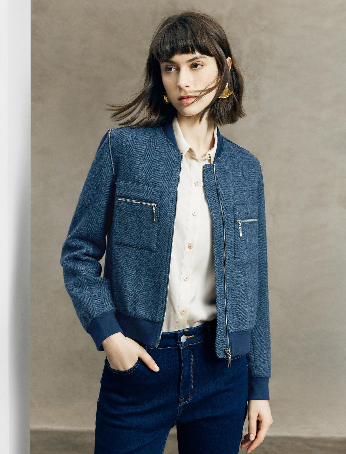 Wool Herringbone Bomber Jacket