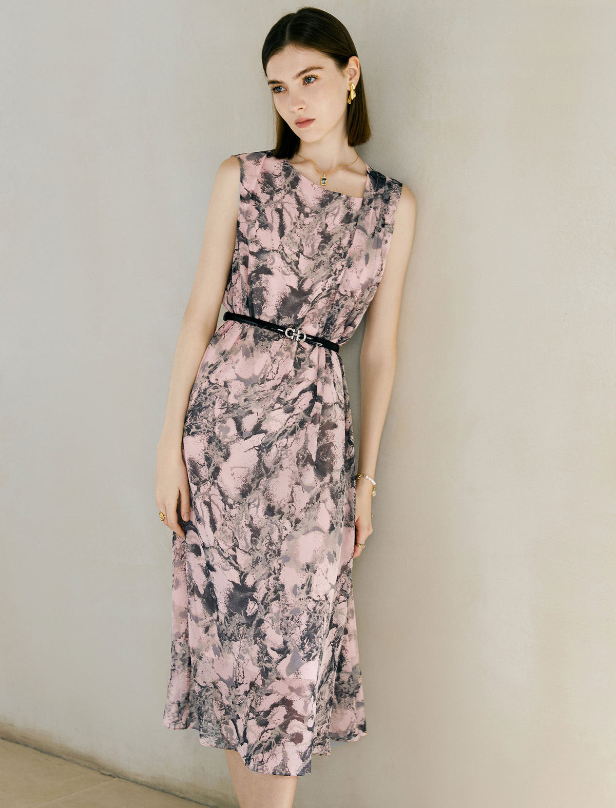 Tie Dye Irregular Neckline Sleeveless Midi Dress