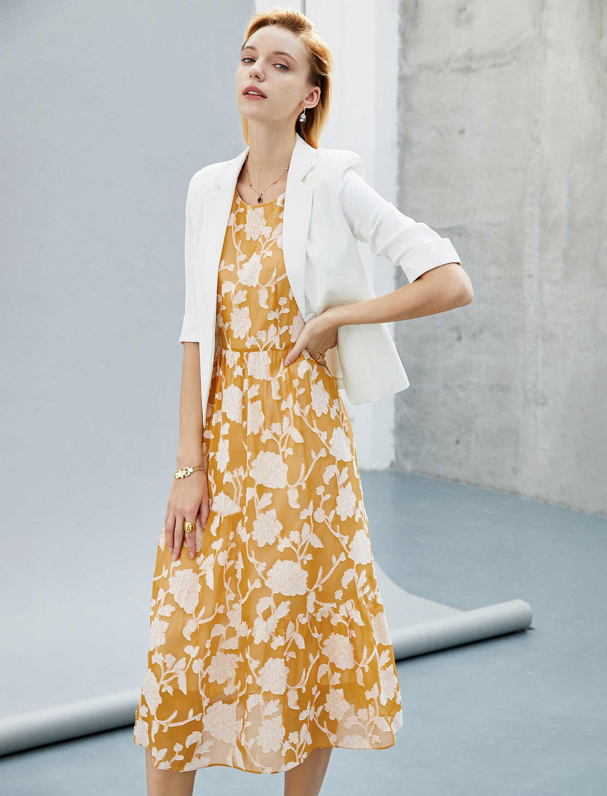 Mustard Floral Sleeveless Midi Dress