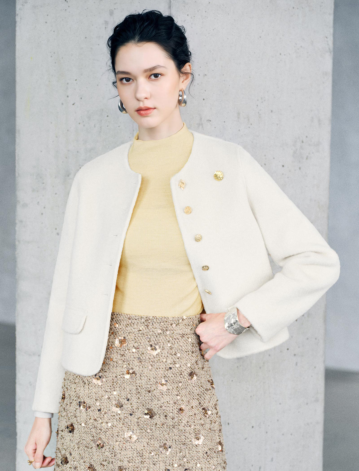 Wool Blend Round Neck Metal Button Cropped Jacket
