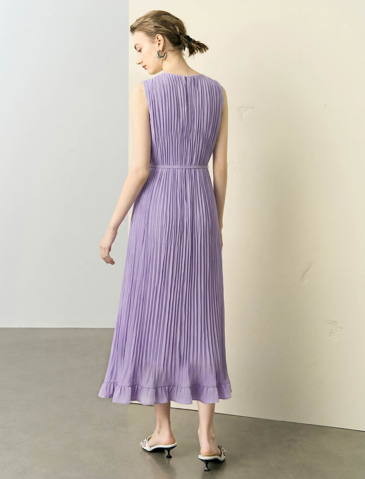 Lavender Waist Tie Ruffle Hem Pleated Sleeveless Midi Dress