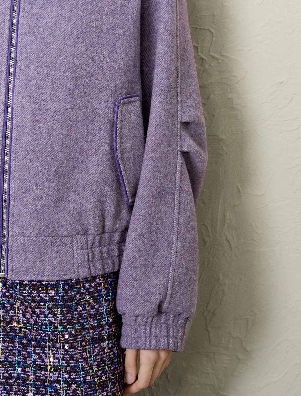 Lavender Textured Wool Blend Bomber Jacket