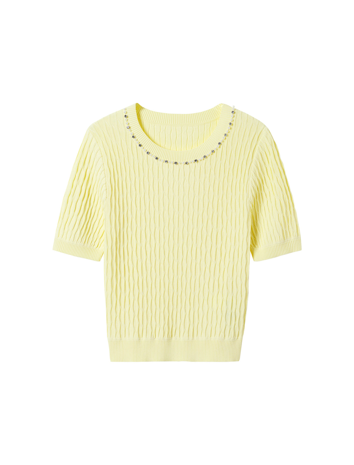 Beaded Collar Ribbed Short Sleeve Knit Top