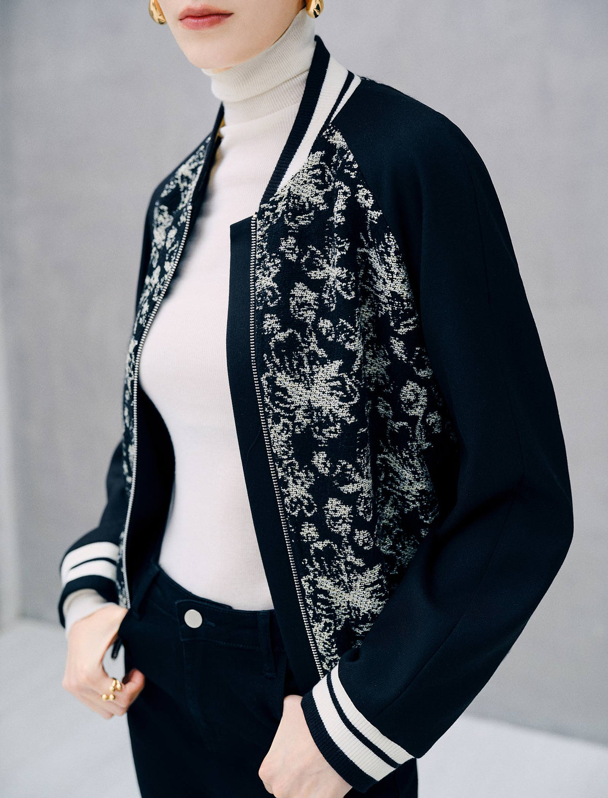 Floral Jacquard Zip Front Cropped Baseball Jacket