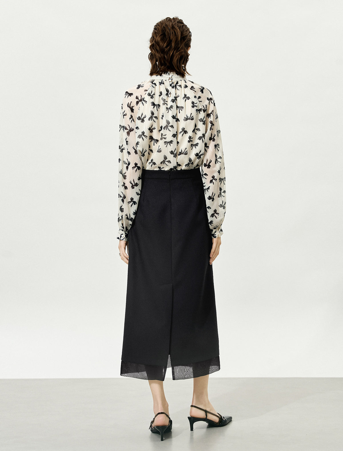 Floral Print Chiffon Ruffled Neckline Blouse