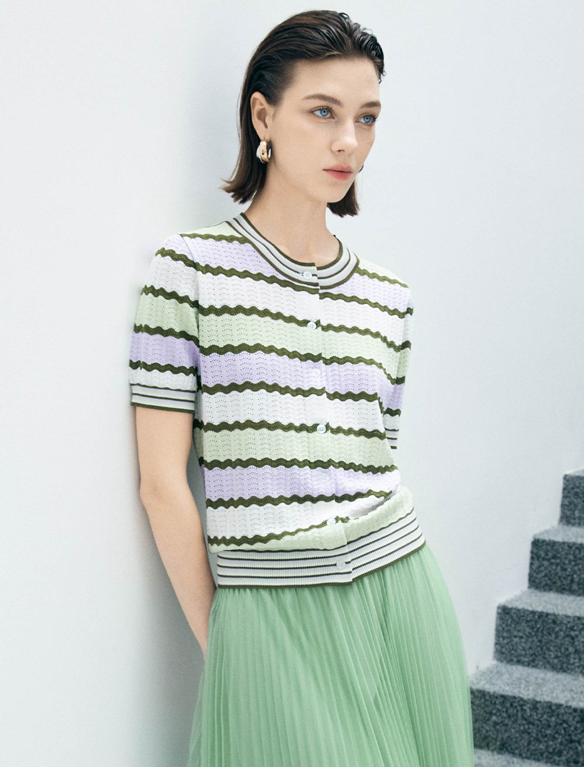 Pastel Striped Short-Sleeve Knit Cardigan