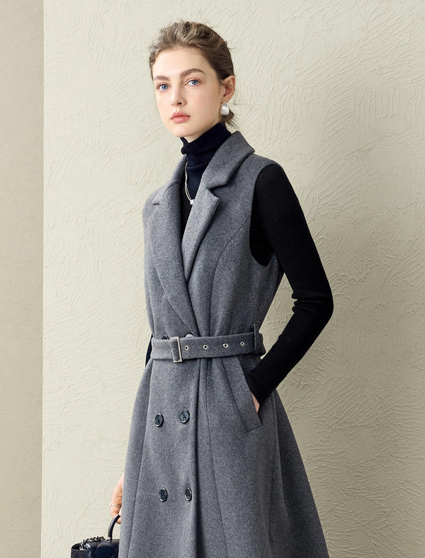 Wool Blend Tailored Sleeveless Midi Dress with Belt