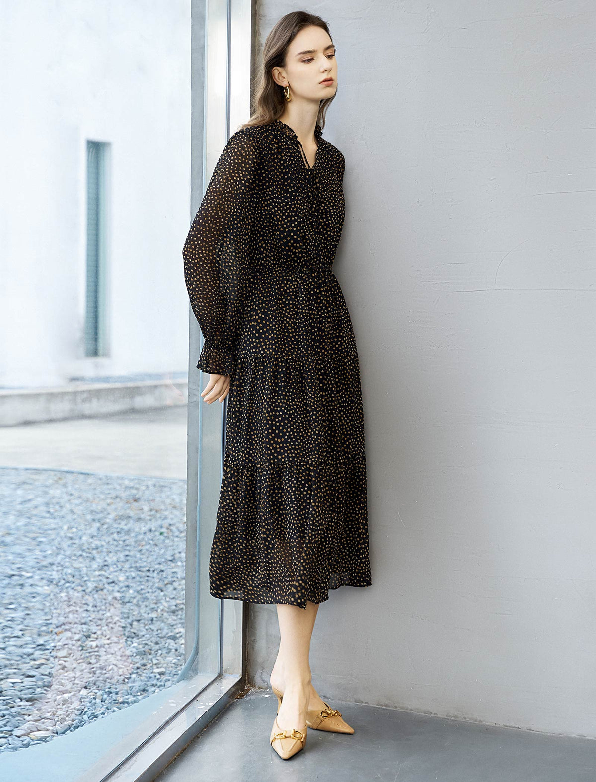 Black And Gold Dot Tiered Midi Dress