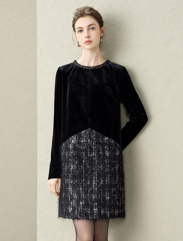 Black Velvet and Tweed Shift Dress
