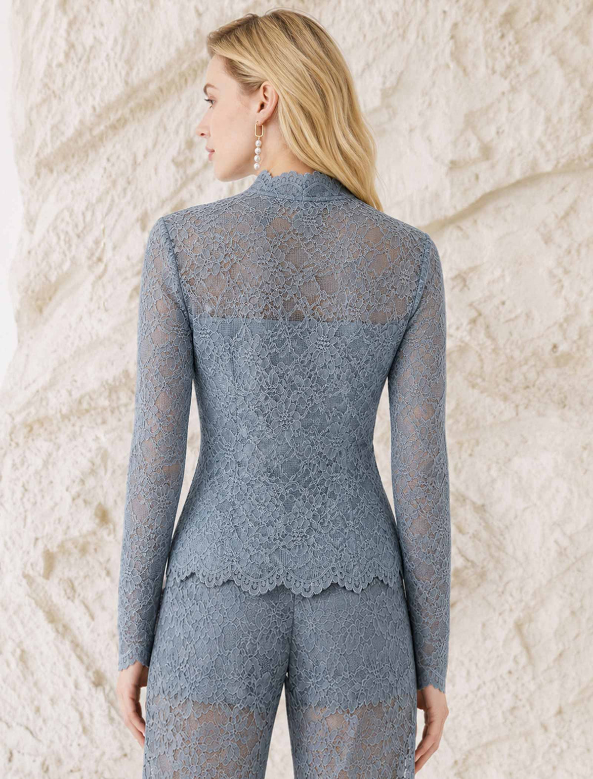 Dusty Blue Floral Lace High Neck Long Sleeve Top