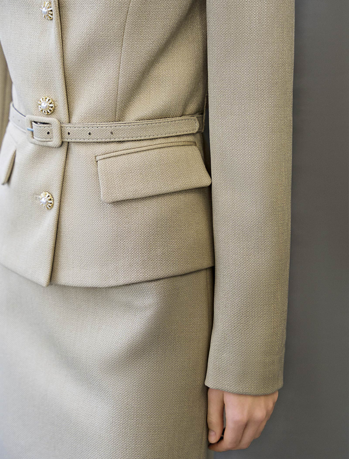 Champagne Textured Belted Blazer