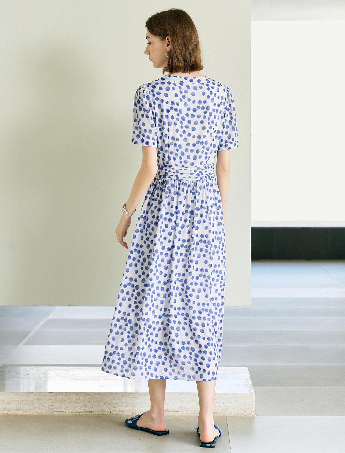 Blue Polka-Dot Short Sleeve Gathered-Waist Dress
