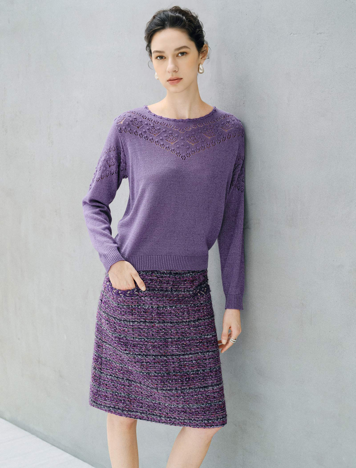 Wool Blend Textured High Waist H Line Braided Trim Midi Skirt