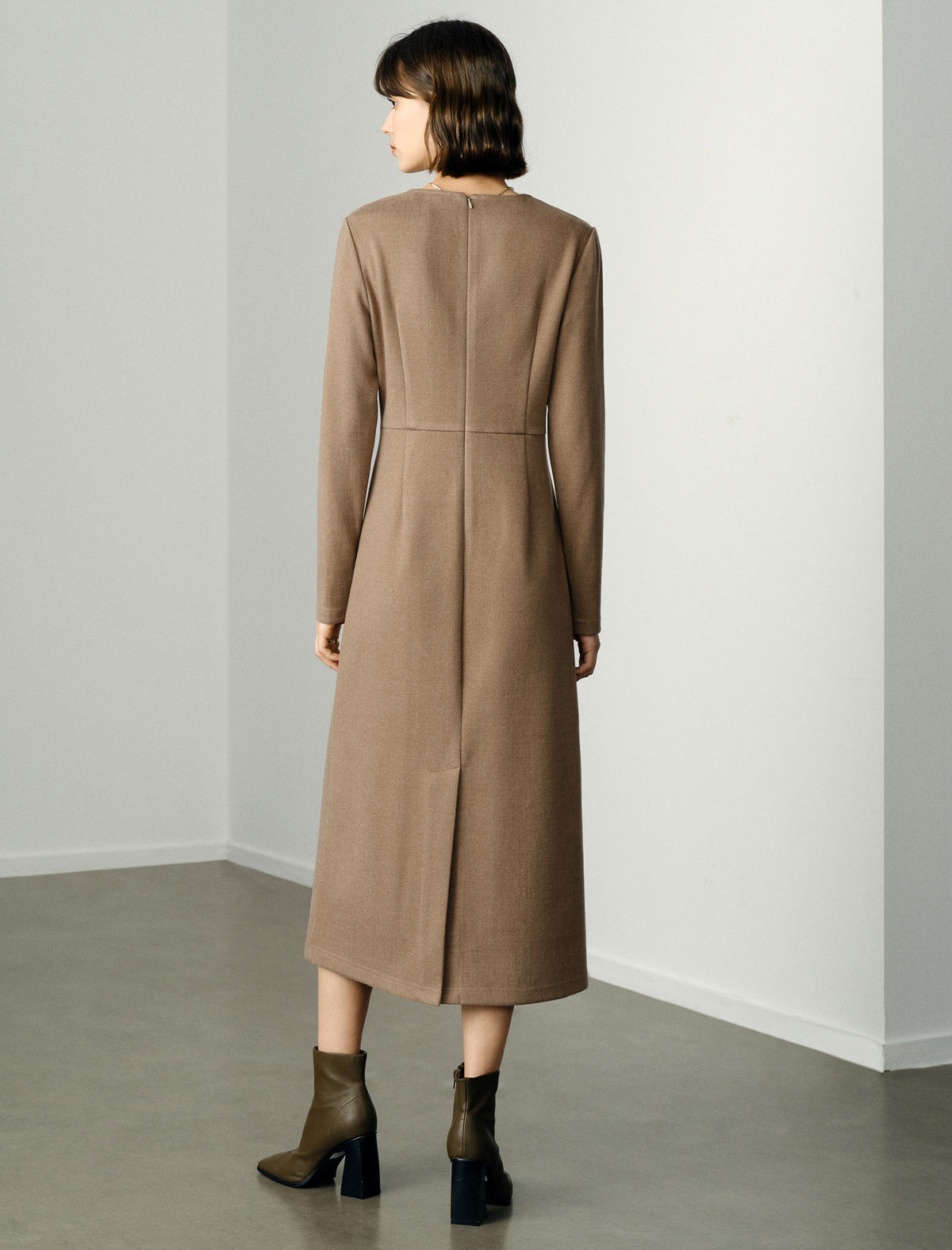 Wool Blend Camel Structured Seamed Midi Dress