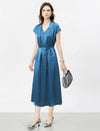 Acetate Satin V-Neck Belted Midi Dress