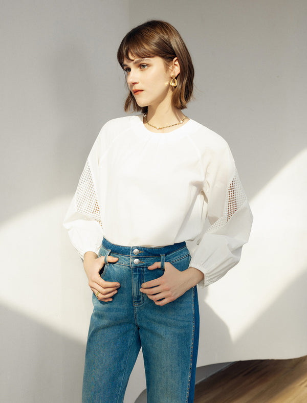 Mesh Detail Round Neck Puff Sleeve Blouse