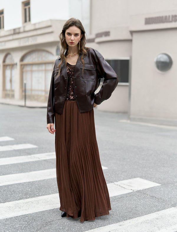 Coffee Pleated Maxi Skirt