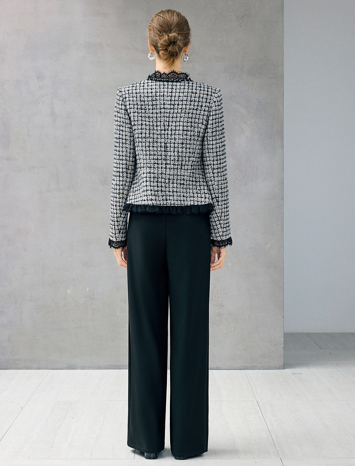 Wool Blend Plaid Crewneck Long Sleeve Jacket