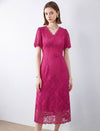 Lace Floral V-Neck Puff Sleeve Midi Dress