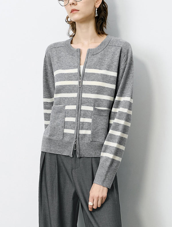 Striped Zipper Short Knit Cardigan