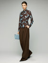 Floral Print Rhinestone Ruched Turtleneck Long Sleeve Top