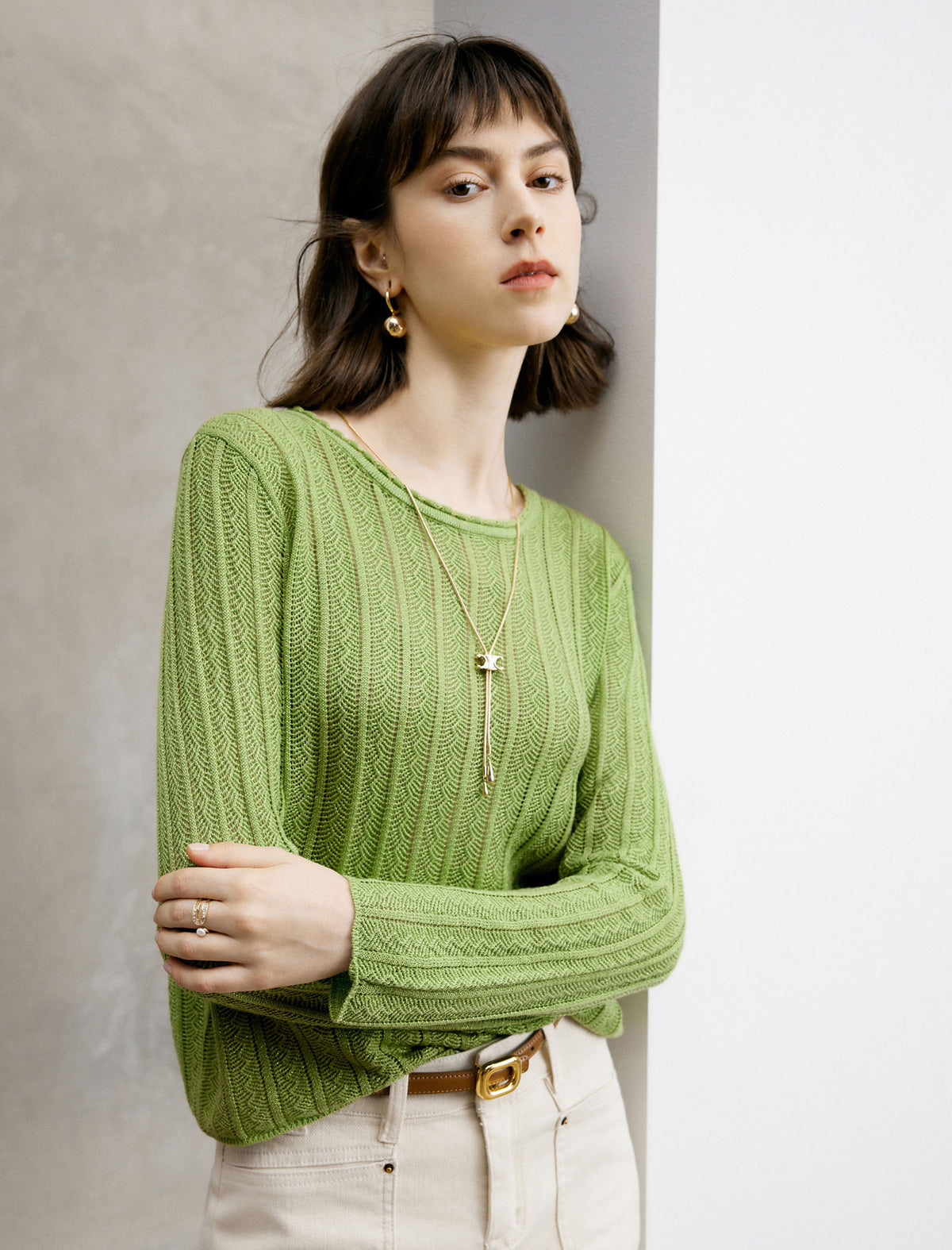 Ribbed Pattern Long Sleeve Knit Top