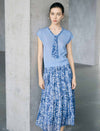 Light Blue Floral Print Neck Tie Cap Sleeve Knit Top