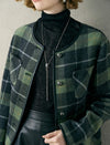 Green Plaid Wool-Blend Leather Trim Jacket