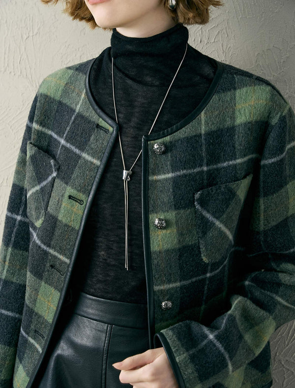 Green Plaid Wool-Blend Leather Trim Jacket