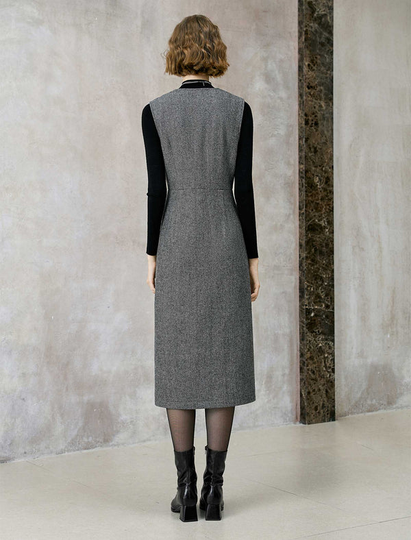 Wool-Blend Sleeveless Tweed Midi Dress