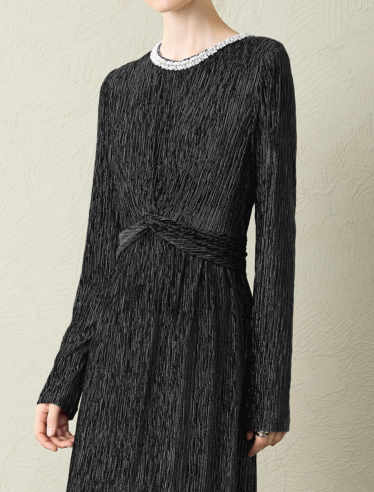 Velvet Waist-Defining Long-Sleeve Dress