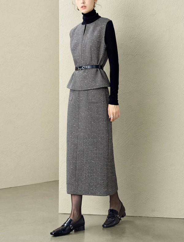 Gray Herringbone Wool-Blend Tweed Midi Skirt