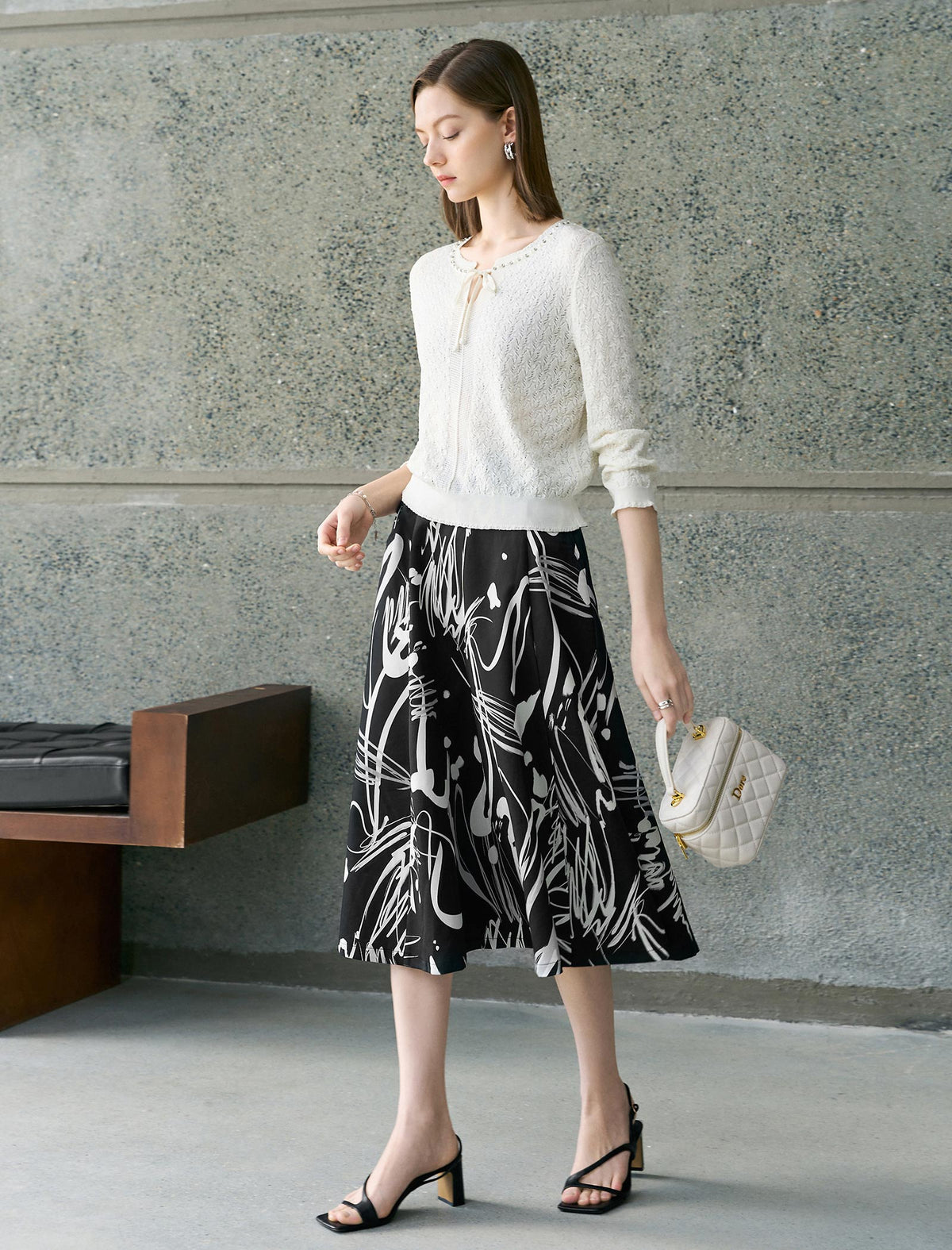 Tencel Eyelet Knit Tie-Neck Sweater