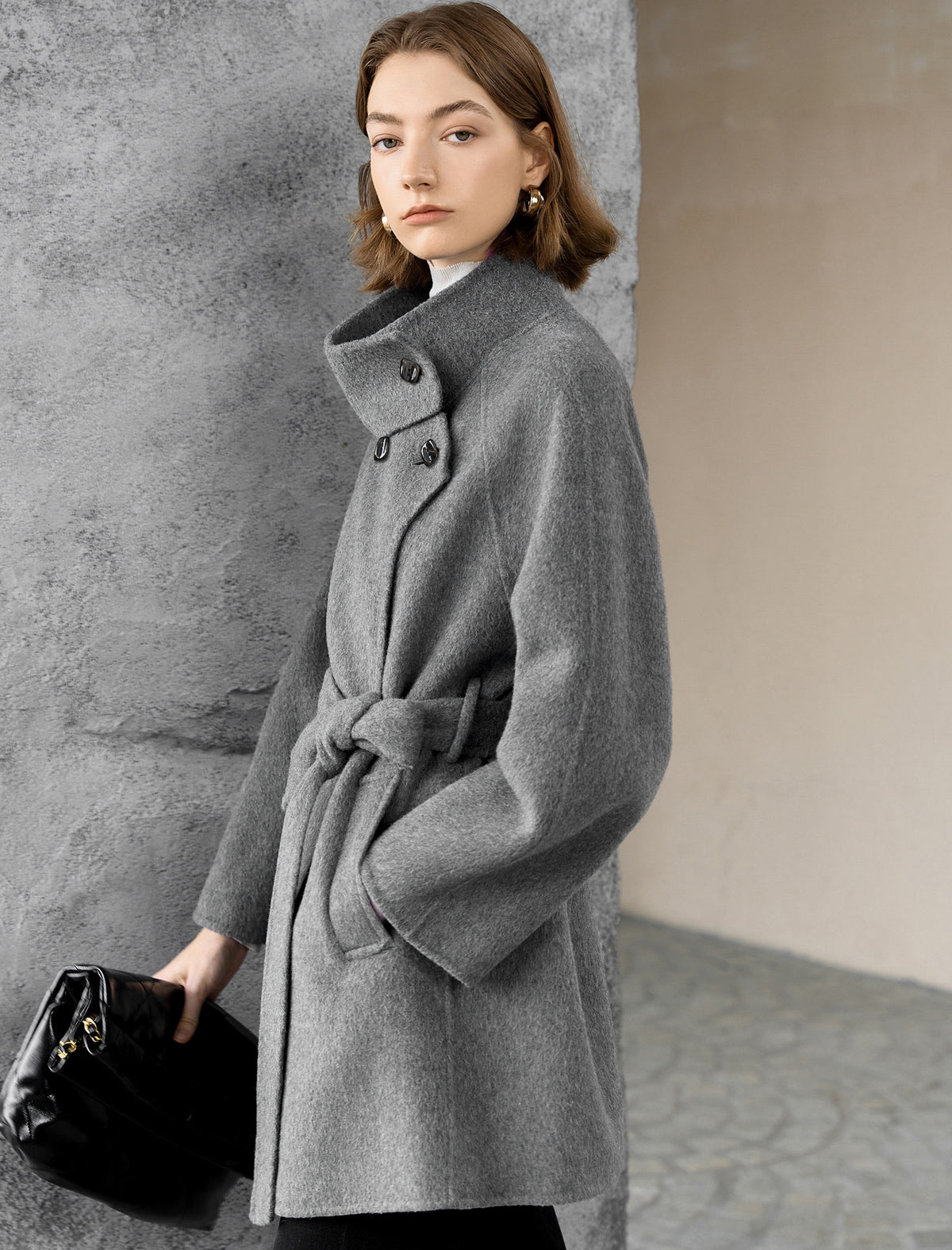 Wool-Blend Button Detail Self-Tie Coat