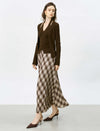 Brown Checked Pleated Midi Skirt