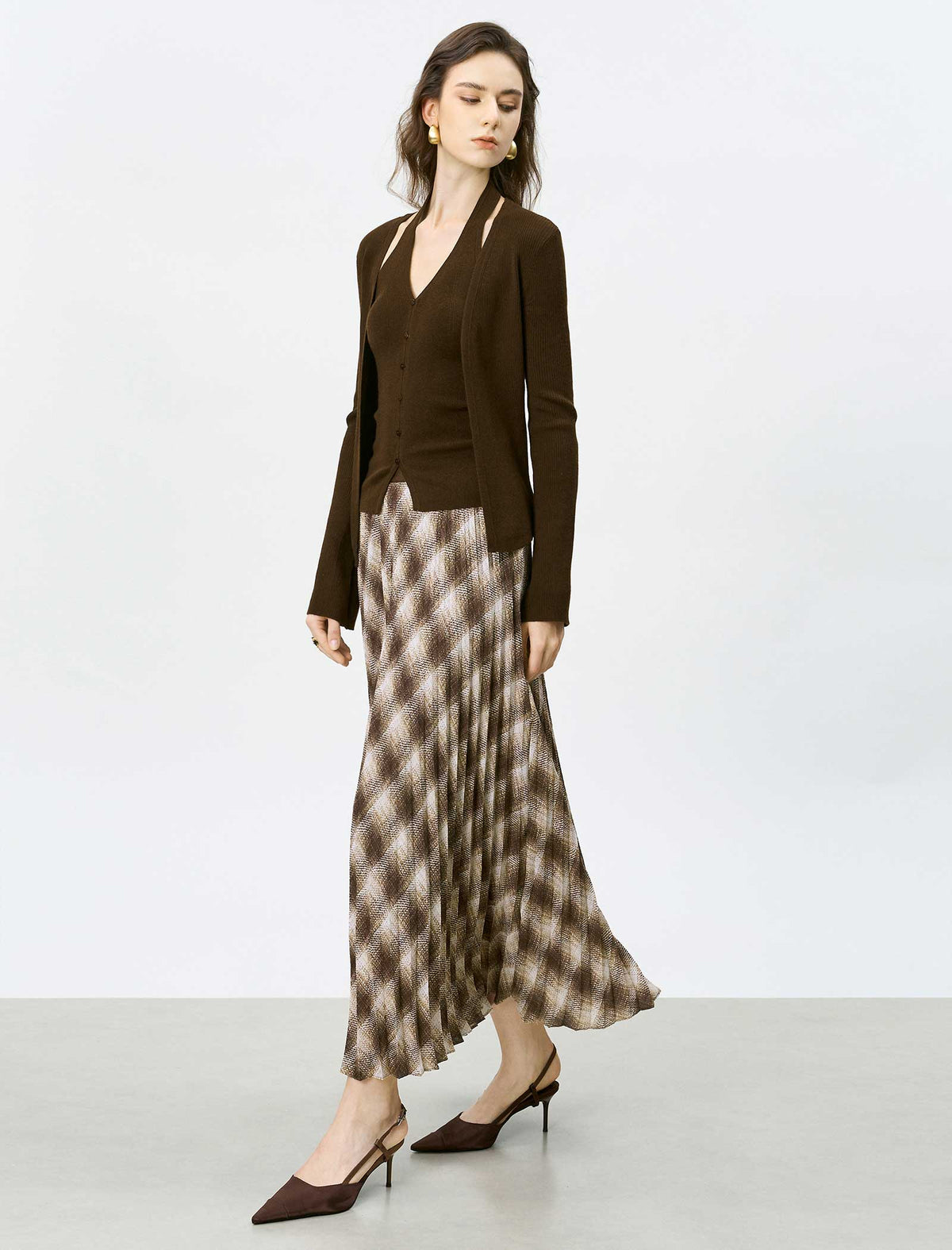 Brown Checked Pleated Midi Skirt