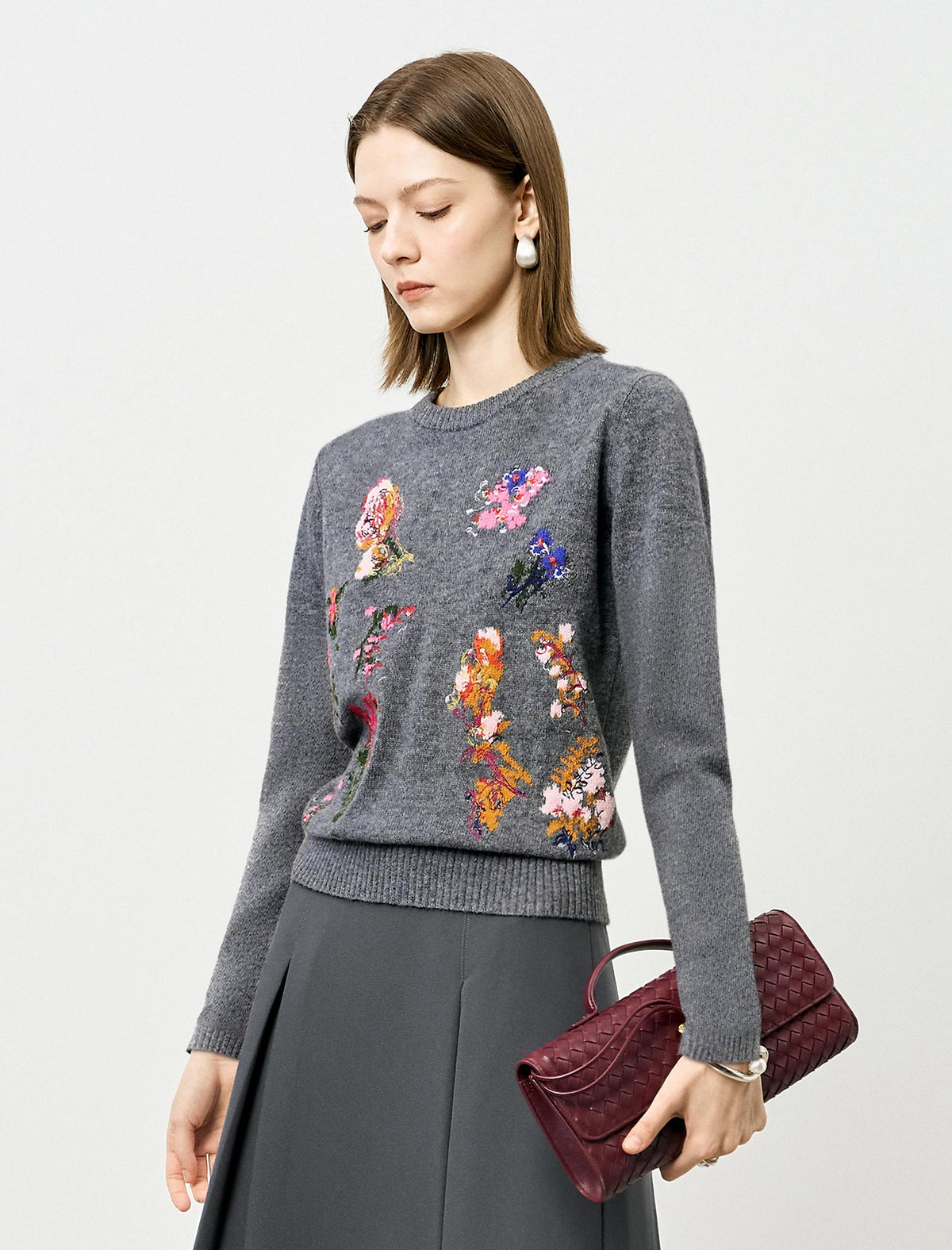 Gray Embroidered Vintage Wool Knit Sweater