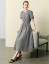 Gingham Puff Sleeve Drawstring Waist Midi Swing Dress