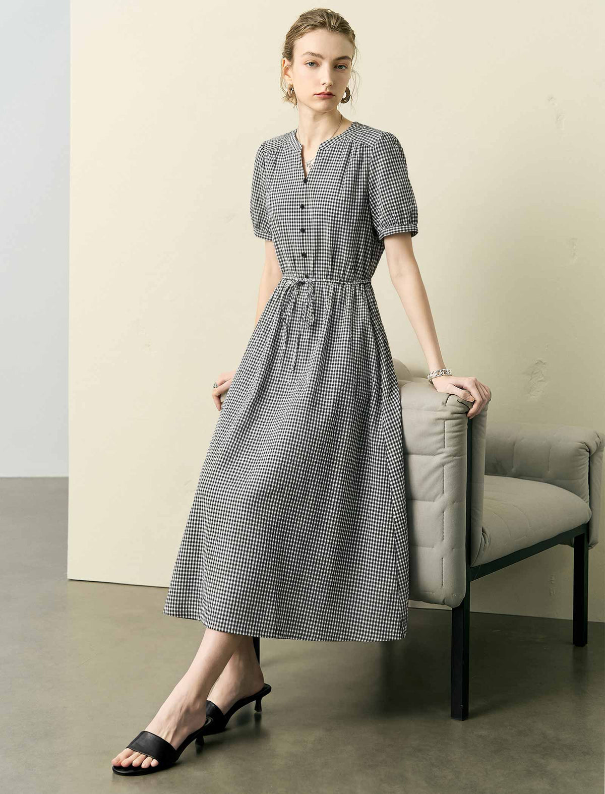 Gingham Puff Sleeve Drawstring Waist Midi Swing Dress